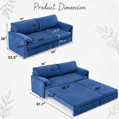 66" Queen Pull Out Sofa Bed,3-in-1 Convertible Sleeper Sofa with Side Storage,Multi-Functional Velvet Loveseat Bed for Living Room,Bedroom,Apartment,Office