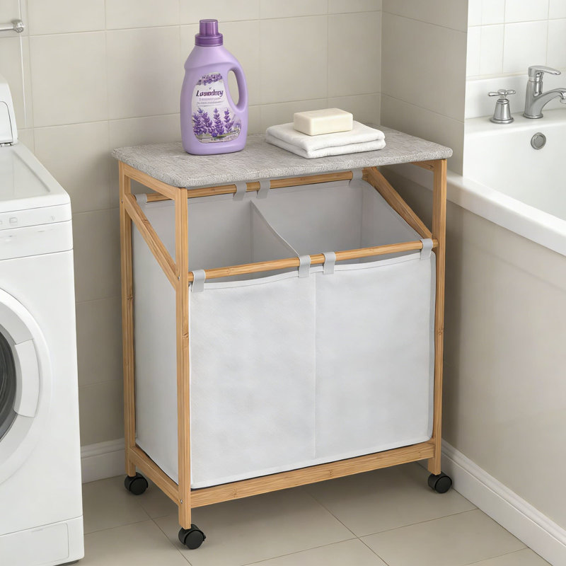 Bamboo Laundry Hamper Cart With Ironing Board And Folding Station, Dual Compartment Sorter With Removable Bags, Portable Rolling Laundry Organizer