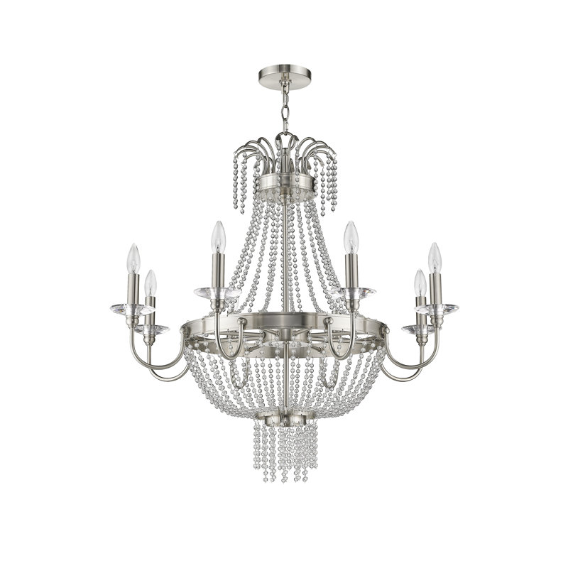 Lustree empire de style bougie 8 lumières avec accents en cristal Rachedi, Nickel brossé