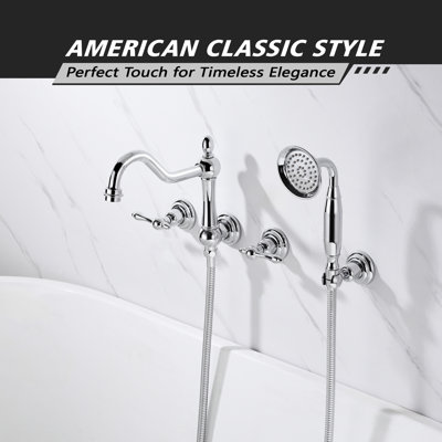 SUMERAIN Brushed Nickel Wall Mounted Bathtub Faucet, 4 Hole Tub Filler with Handheld Shower, 8 Inches Center High Flow