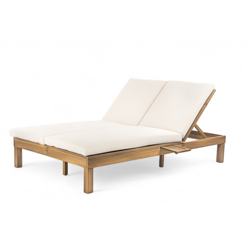 Chaise longue double avec dossier réglable et coussins haute densité, Teck clair