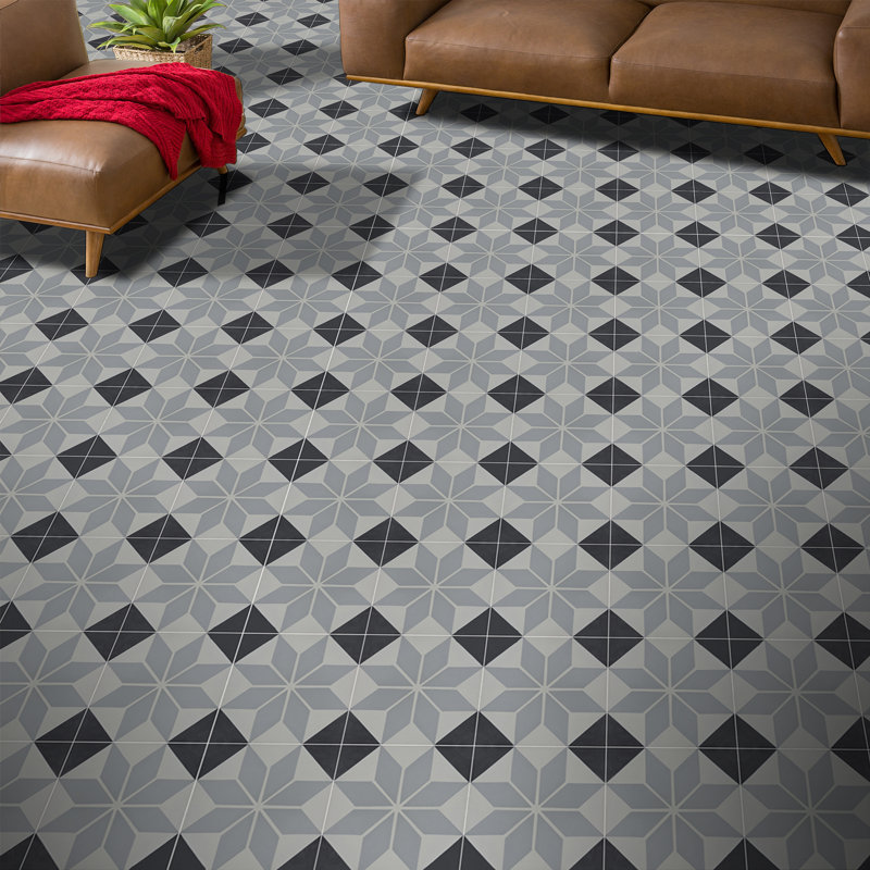 Assila 8" x 8" Cement Patterned Wall & Floor Tile, Black/Gray