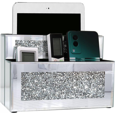 Porte-télécommande à 4 fentes en forme de losange bling bling, 9,1 po x 6,1 po x 4,8 po, organisateur mural ou de table pour télécommandes, téléphones, tablettes, cahiers et brosses à maquillage, 3 tailles disponibles