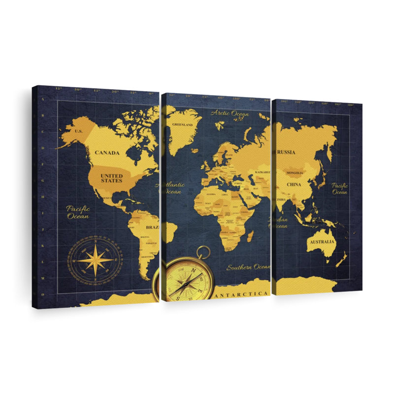 «World Map Gold Compass World Map», reproduction sur toile 3 pièces par HustleBroIllustrations, H 24 po x l 38 po x P 1,25 po