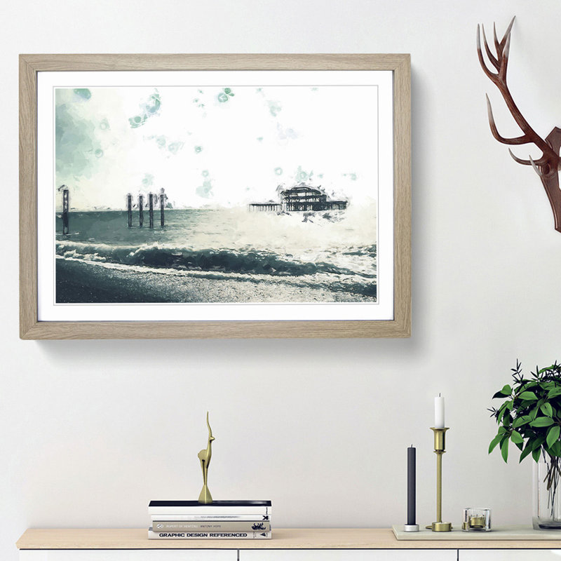 Old West Pier at Brighton Beach in Abstract - Picture Frame Painting Print, 62cm H x 87cm W x 2cm D, Oak Framed