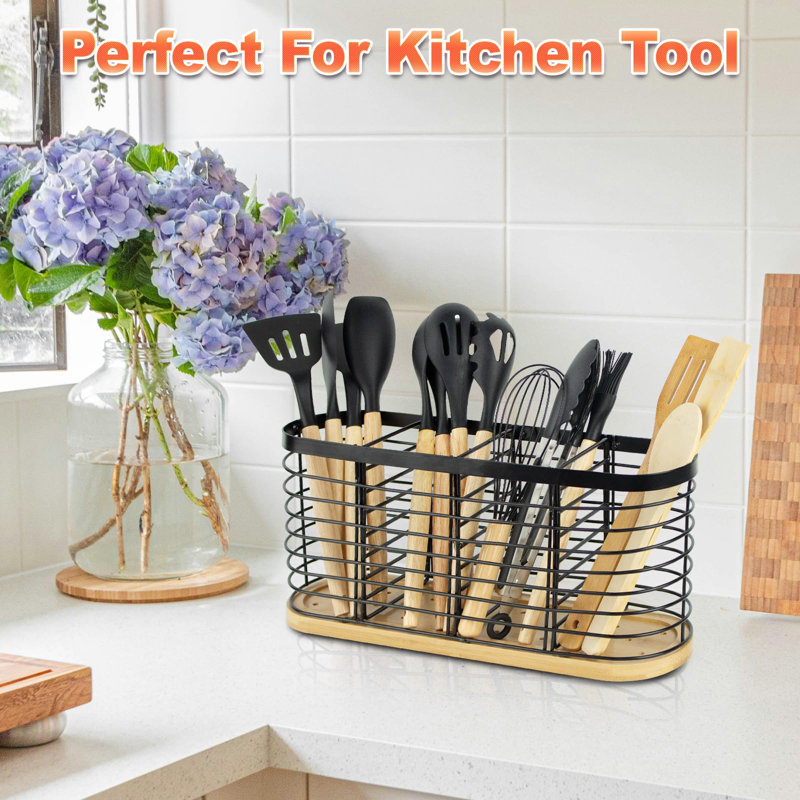 Grand porte-ustensiles Walter pour comptoir de cuisine, 4 compartiments, métal et bambou, capacité 35-40, durable et élégant, idéal pour les ustensiles de cuisine