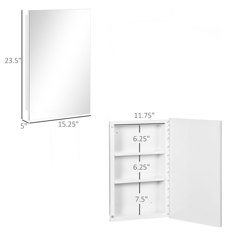 Armoire à pharmacie encastrée avec miroir, armoire de salle de bain à fixation murale avec porte simple et tablettes de rangement, blanc