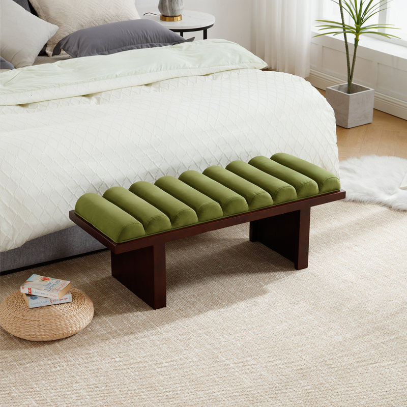 Upholstered Solid Wood Bench, Column Upholstered Bench 45.75'' Wide, Green, Dark Brown
