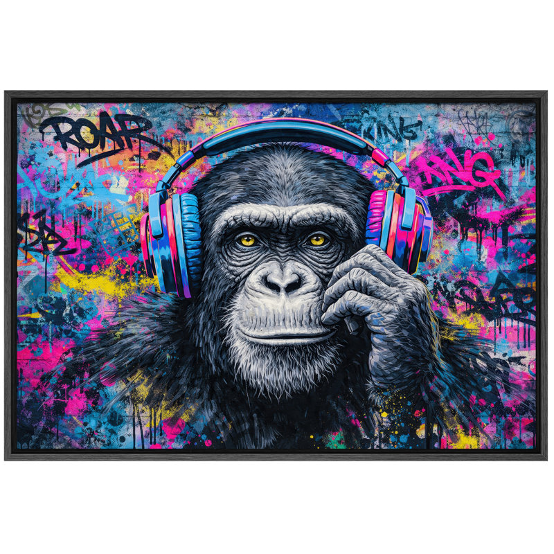 Chimpanzé, casque d'écoute, graffiti, H 24 po x l 36 po x P 1,5 po, Cadre noir