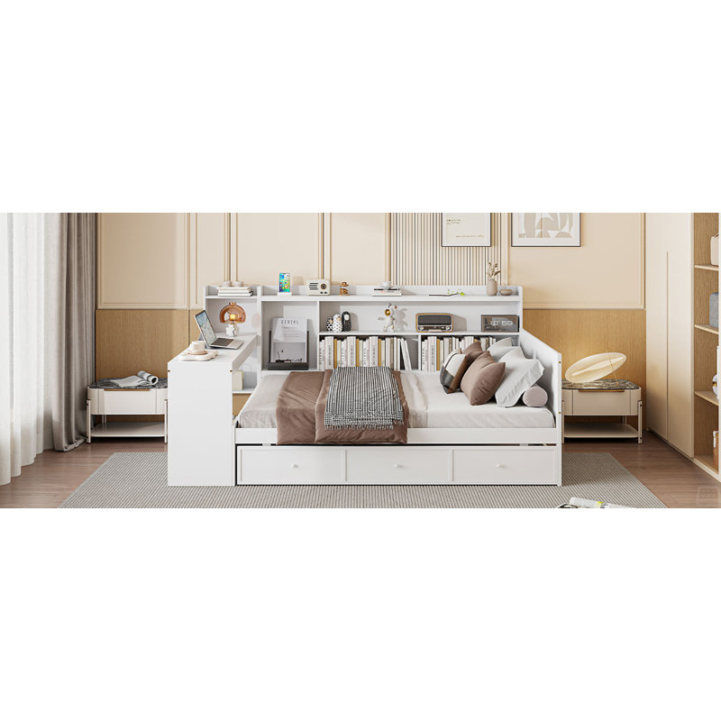 Lit de jour double en bois avec 3 tiroirs, ports USB et bureau