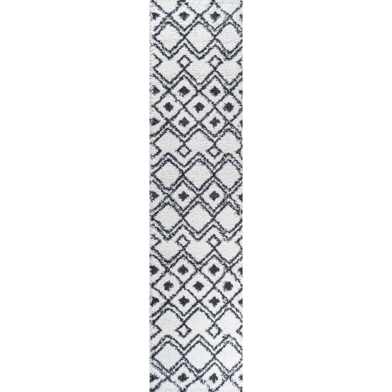 Caimari Moroccan Diamond Shag White/Gray Rug, Runner 2' x 8'