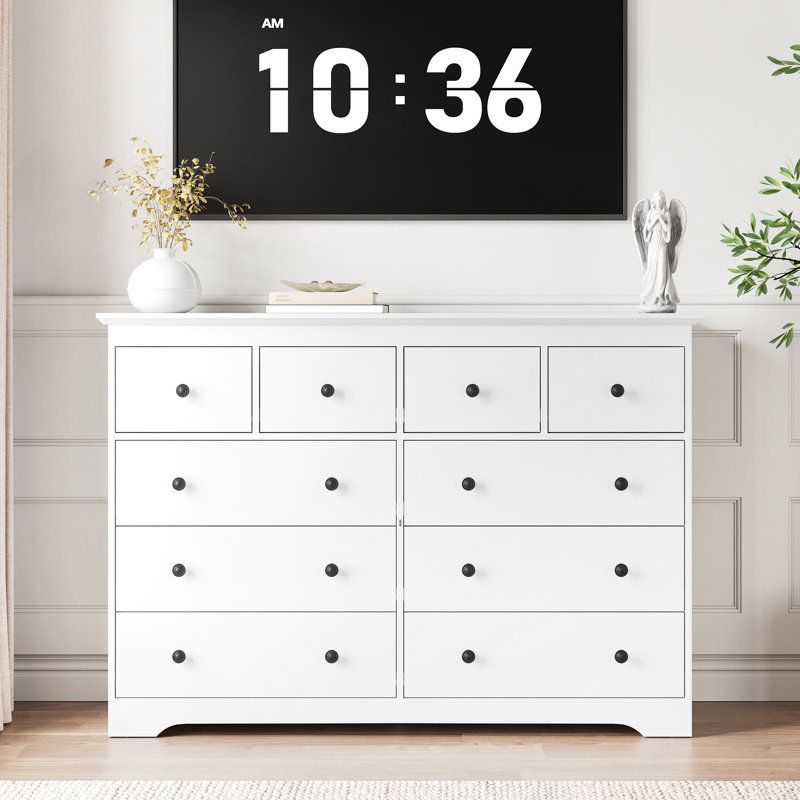 10 Drawers Dresser, 55" W Double Dresser For Bedroom, White, 10