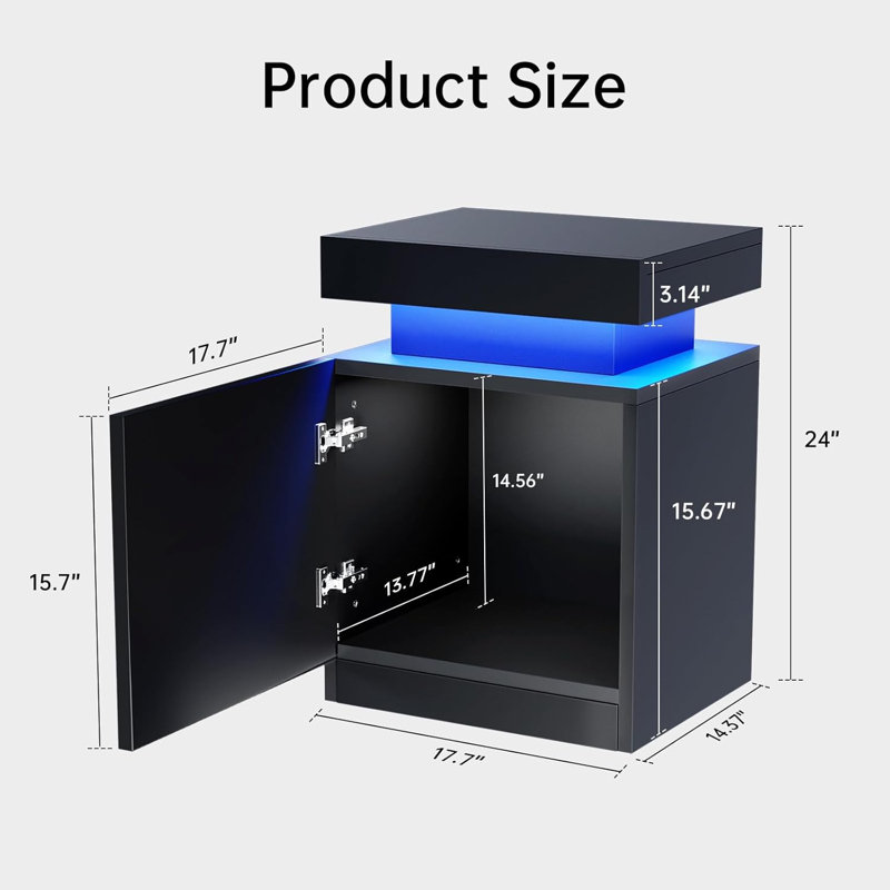 Black High Gloss LED Nightstand Set with Cabinet