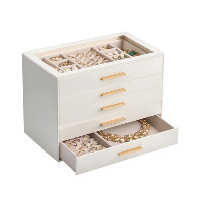 Jewelry Box Organizer, 5 Layers Storage Case with Glass Window Ring Earring Bracelet Necklace Holder, Gift for Women