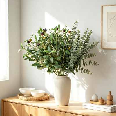 16Pcs Faux Olive Branches & Eucalyptus Stems Set –4pcs 18" Artificial Olive Stems + 12pc 15" Eucalyptus Stems, Realistic Greenery Filler for Vases, Farmhouse Table Centerpieces, UV-Resistant Fake Plants for Living Room Dining Room Home