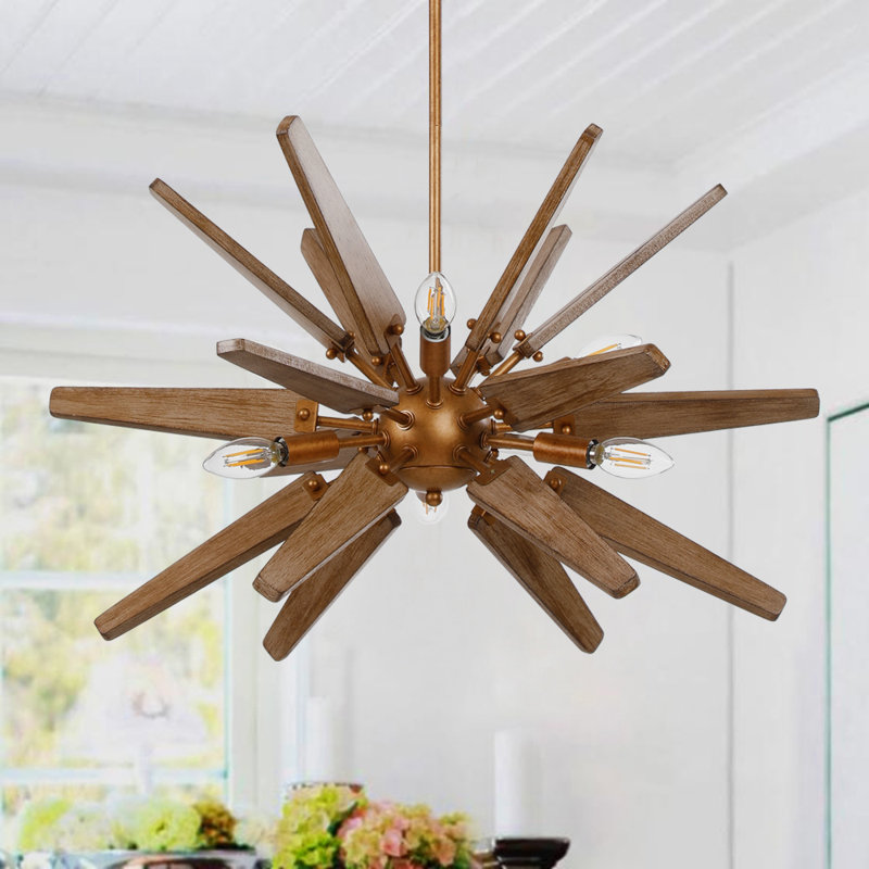 Kachelle 6 - Light Natural Wood Sputnik Sphere Chandelier, Bronze