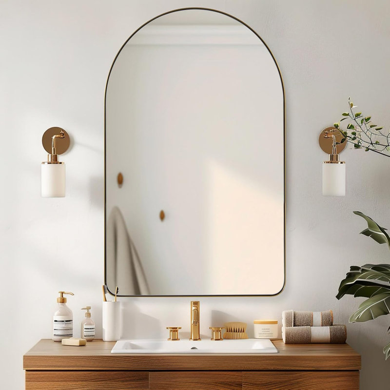 Hafsa Antique Arched Bathroom Vanity Mirror | Stainless Steel Frame, 30" x 20", Brushed Gold