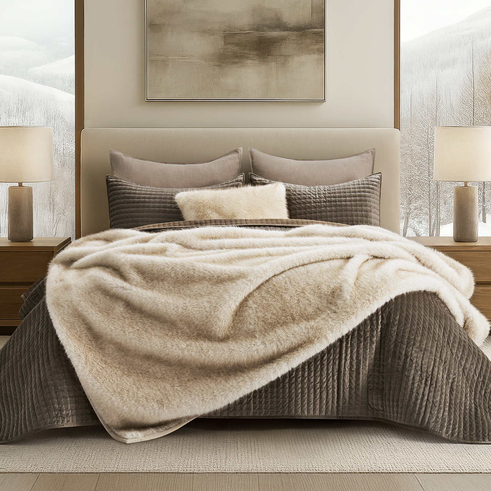 Luxe Faux Fur Throw Blanket, Twin, Tipped Golden Fox Ombre