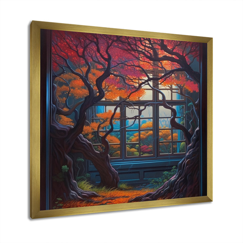 Robinho orange et brunes de Robinho dans une fenêtre II sur toile, H 16 po x l 16 po x P 1 po, Encadrement doré