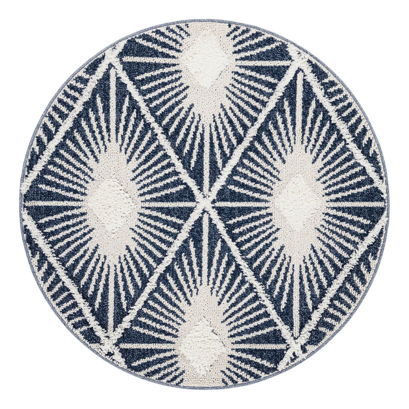 Geometric Machine Woven Runner 2'7 x 12' Polyester Area Rug in Blue, Round 4'1"