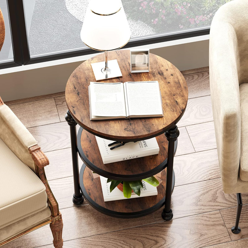 Round End Table, Small Side Table with 3 Shelves, Brown