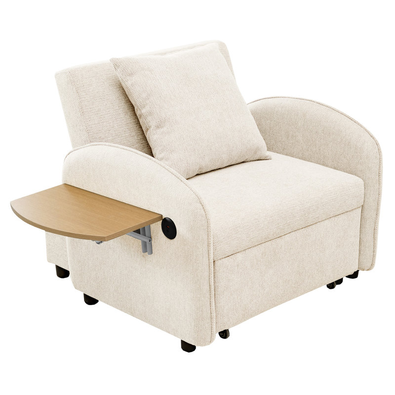 Chaise-lit simple 3 en 1 avec bureau de charge et pliable, lin blanc crémeux, coussins moelleux rembourrés de mousse à haute densité