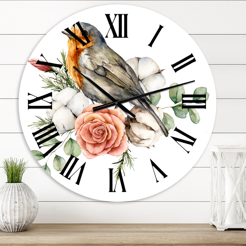 Robin des bois avec rose et feuilles de coton - Horloge murale traditionnelle, Surdimensionné