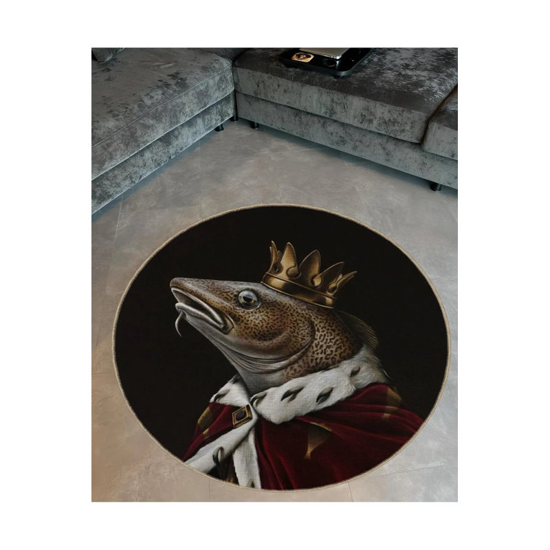 Surrealist Theme King Crown Fish Pattern Round Woven Base Modern Decorative Carpet, Round 2'8"
