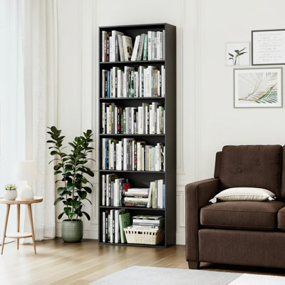 Grande bibliothèque ouverte à six niveaux, présentoir autoportant noir et support de rangement, idéal pour la chambre à coucher, le salon et le rangement de bureau.