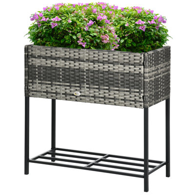 Portable Elevated Garden Bed with Tool Storage and Rattan Look for Various Plants