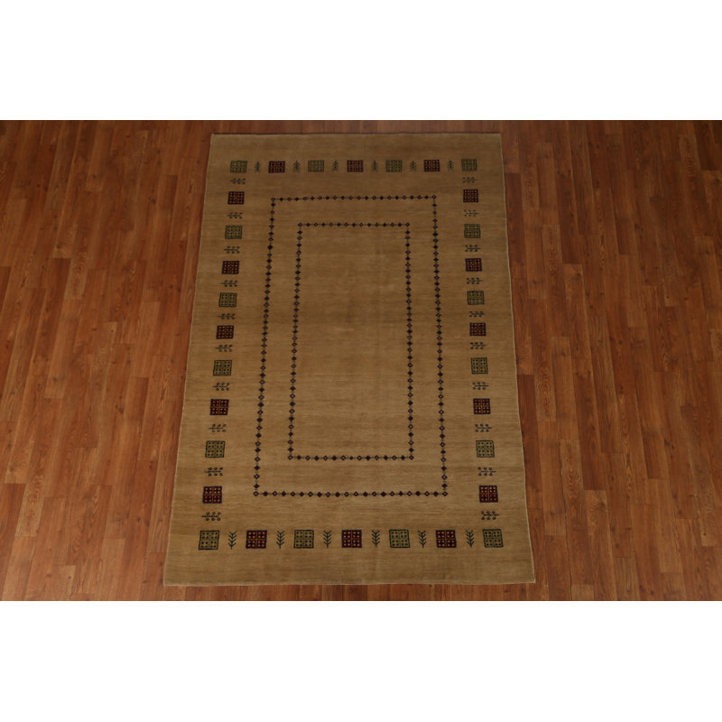 Tapis brun en laine noué à la main de conception unique 4 pi 5 po x 6 pi 8 po New Age