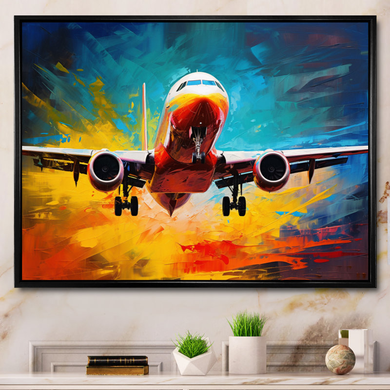 Avion énergique de départ sur toile, H 12 po x l 20 po x P 1 po, Cadre flottant noir