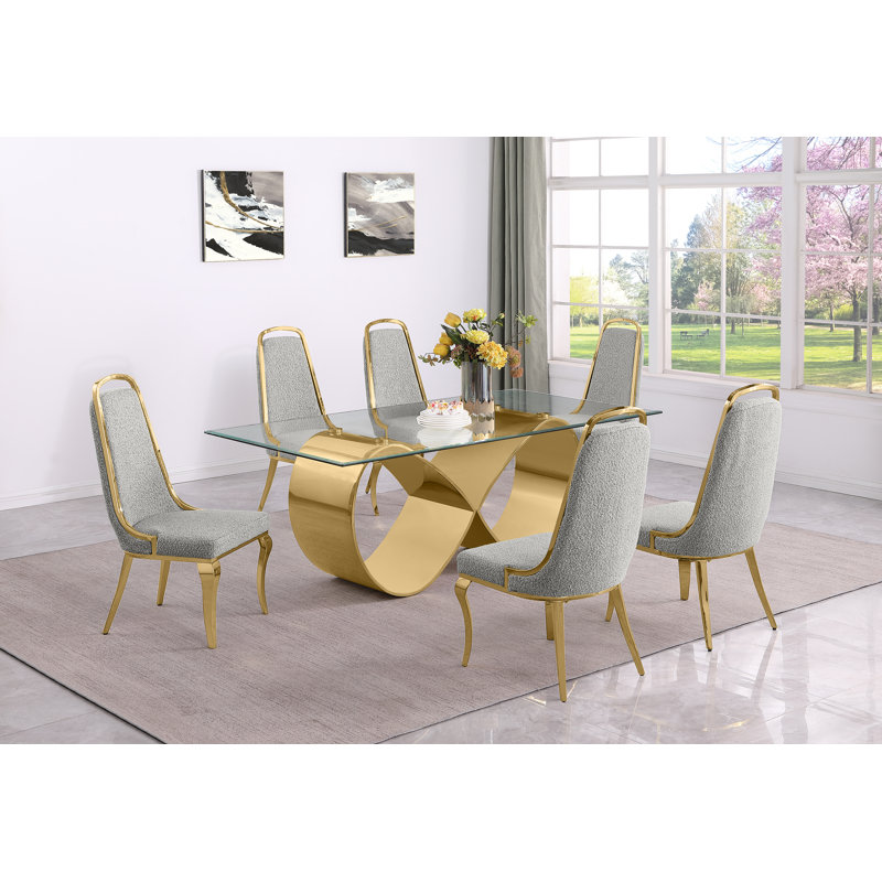 Ensemble de salle à manger en verre trempé avec chaises d'appoint en tissu Boucle, Gris riche, Or