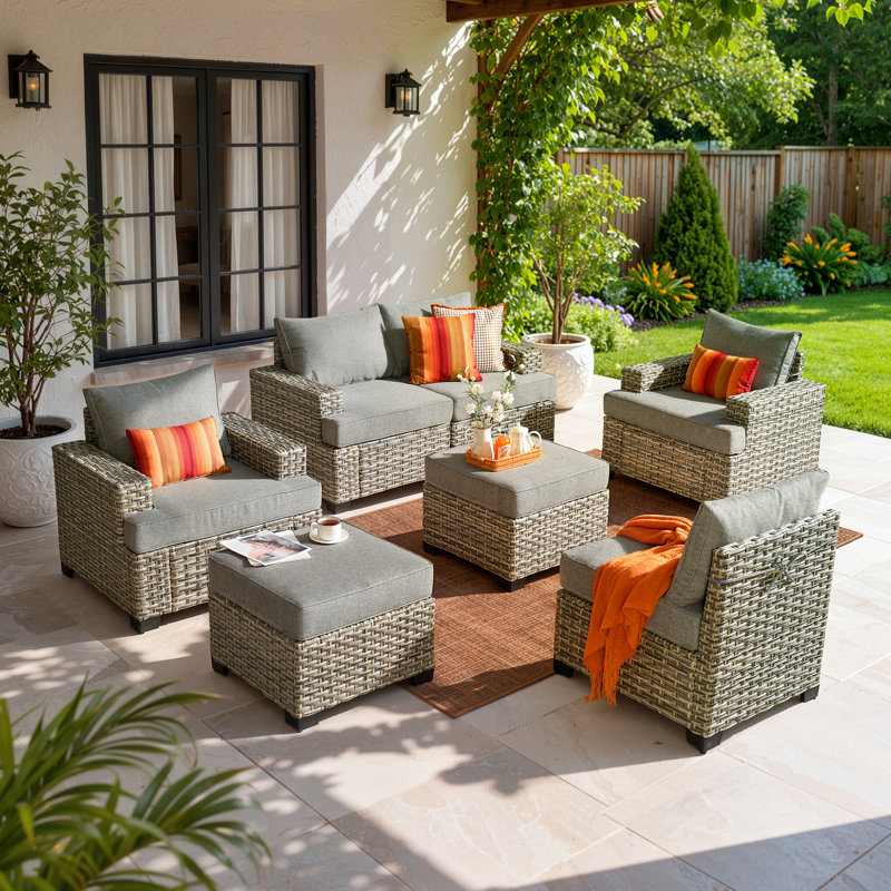 7 Piece Sofa Seating Group With Cushions, Dark Gray