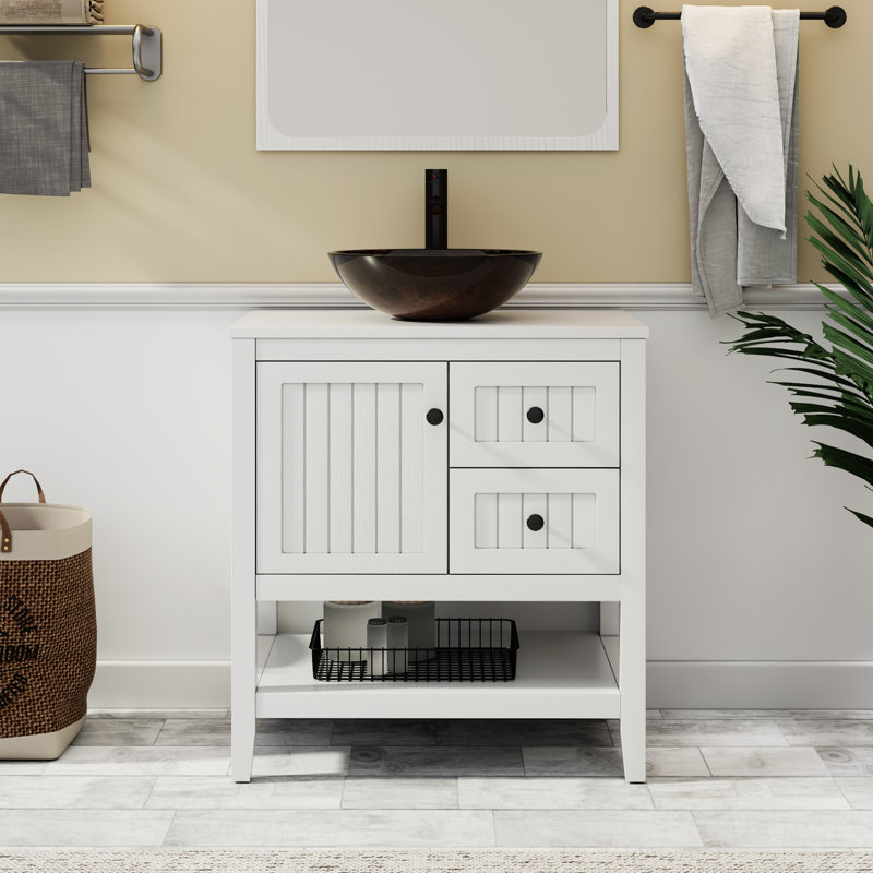 Ensemble de meuble-lavabo simple 30 po avec lavabo vasque, robinet et drain Sharee, assemblage requis, Blanc