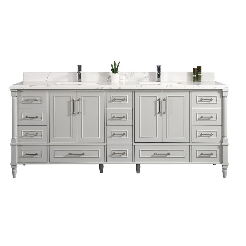Ensemble de meuble-lavabo double 84 po Flavell, Gris Coventry, Calacatta, bordure double ogee