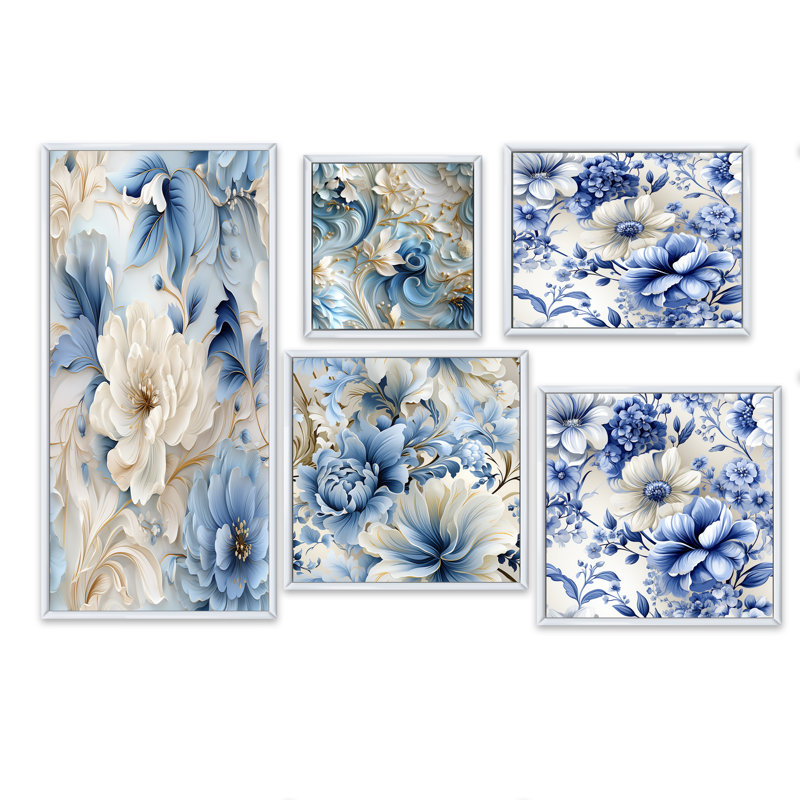 Halle - ensemble de 5 impressions murales florales, Cadre flottant blanc