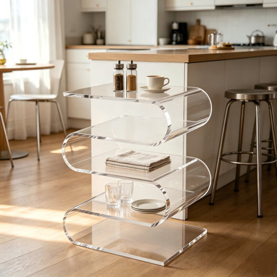 Table d'appoint en S en acrylique, table de bout multifonctionnelle sans assemblage avec 4 tablettes de rangement ouvertes, table d'appoint en acrylique de 0,47 po d'épaisseur pour le salon, le canapé, la chambre à coucher et le balcon
