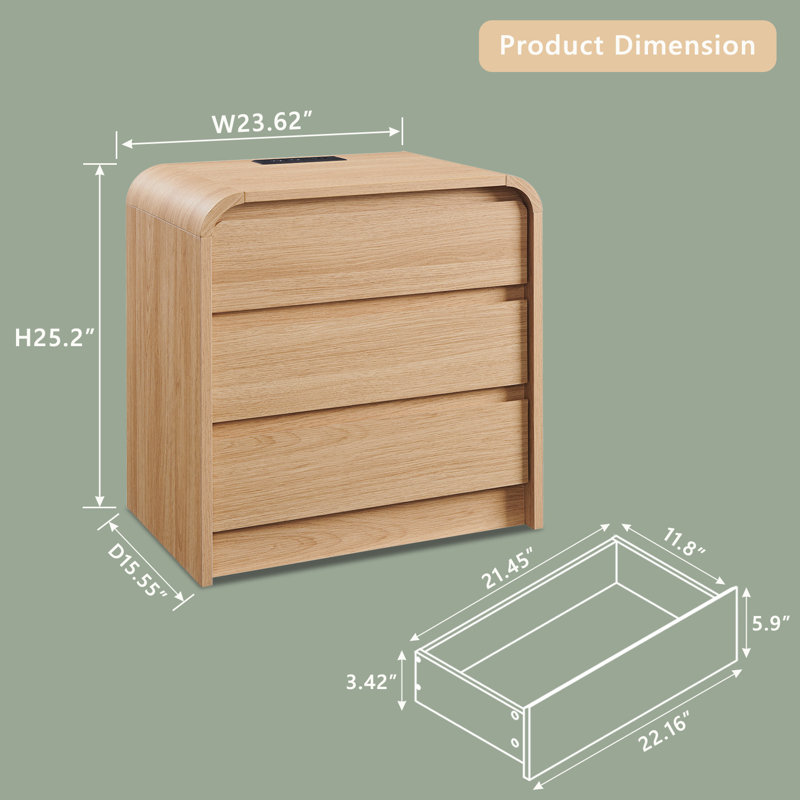 25" Tall Modern End Table with 3 Storage Drawers,23.6" Wide Wood Side Table w/Charging Station, Natural, 1