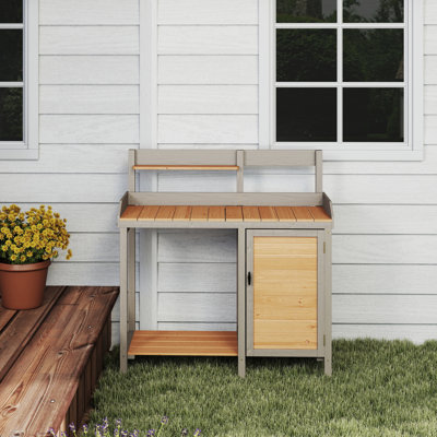 Outdoor Potting Bench, Wooden Workstation Table With Cabinet For Backyard Garden Supplies