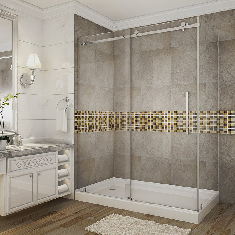 Cabine de douche rectangulaire sans cadre à porte coulissante avec base incluse l 60 po x P 35 po x H 77,5 po Moselle, Gauche