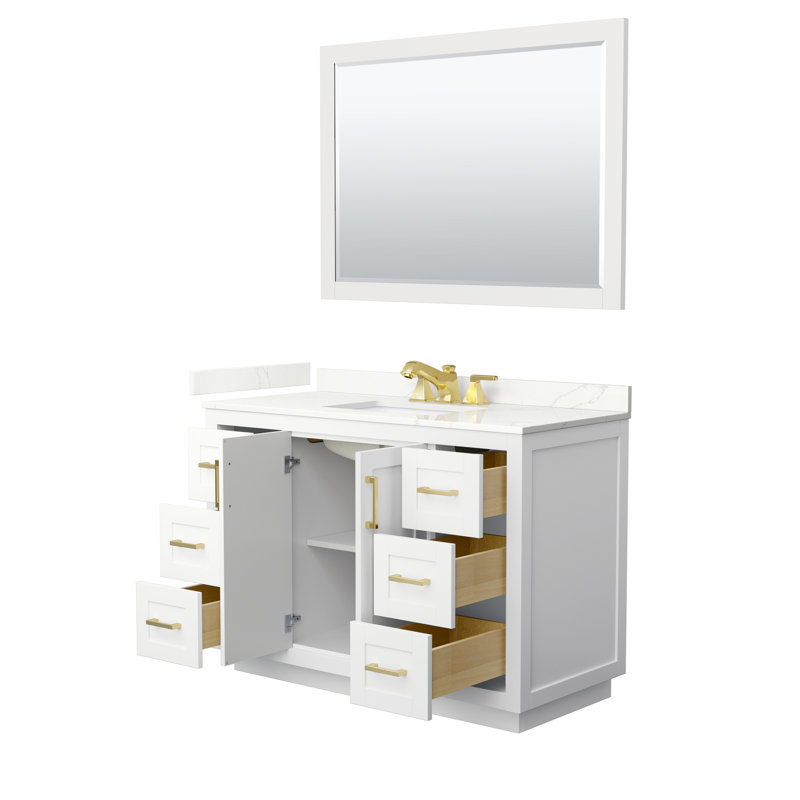 Miranda 48" Freestanding Single Bathroom Vanity with Quartz Top with 46" Mirror, Giotto Quartz, White, Brushed Gold