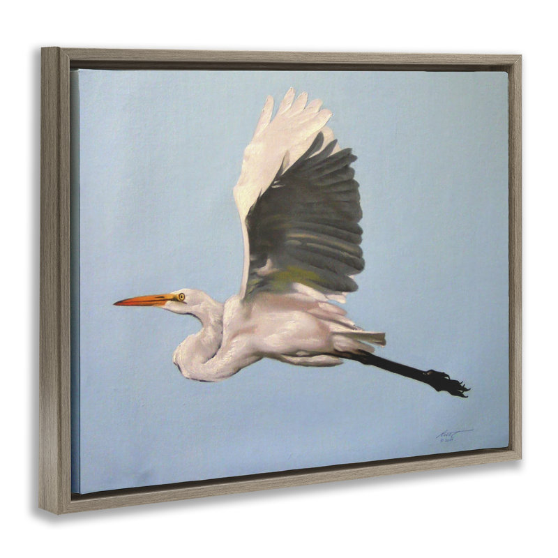 «Graceful Egret Flying Canvas» par D. Rust, H 25 po x l 31 po, Cadre flottant orme Montalcino