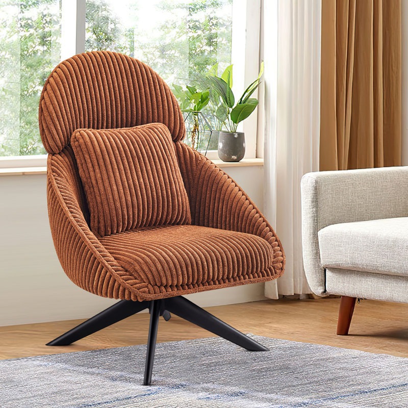 Areyah Swivel Accent Chair with Pillow Comfy Lounge Chair, Orange Corduroy