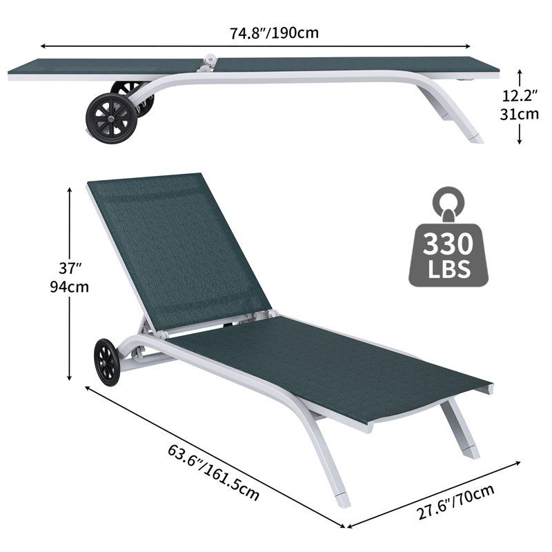 63.6" Long Reclining Chaise Lounge with Wheels (Set of 2), Green