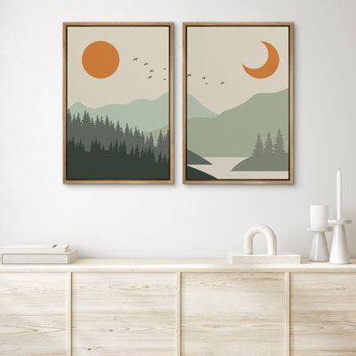 " Sun And Crescent Moon Over Green Gradient Forest Lake Nature Wilderness Illustrations " 2 - Pieces