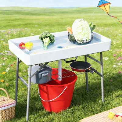 Table pliante blanche avec refroidisseur de glace, drain intégré et tablette de rangement, convient aux mariages, aux réunions de famille, au temps froid, aux fêtes polyvalentes, à l'évacuation facile de l'eau
