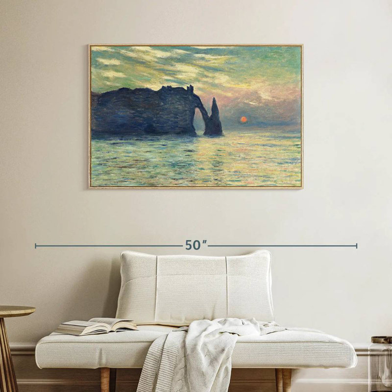 Coucher de soleil sur la falaise d'Etretat, Cadre flottant en bois naturel, 40 po x 27 po