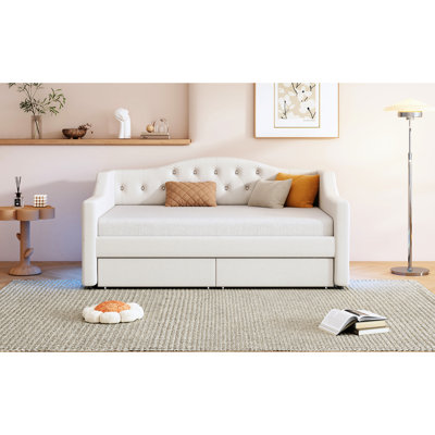 Twin Xl, Daybed, Beige, Upholstery, Led Belt, 2 Drawers, Slats, Steady Use Upholstered Linen, No Box Spring, Bedroom Aesthetic