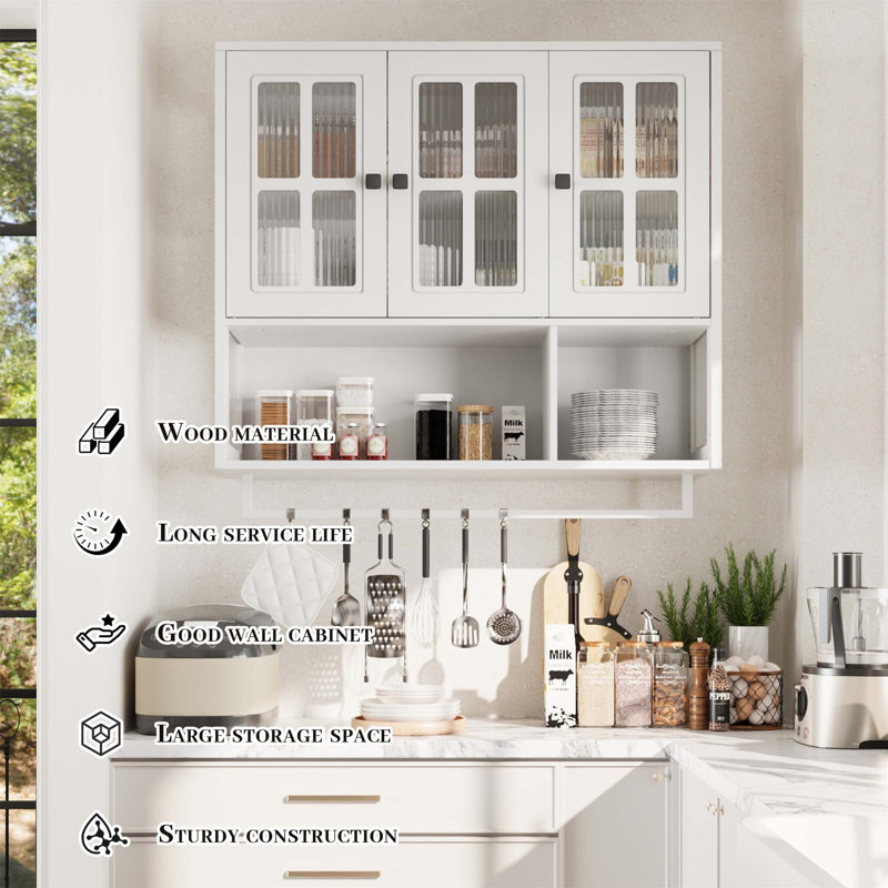 3-Door Wooden Bathroom Wall Cabinet With Glass Door, Open And Hidden Storage, Towel Bar For Versatile Home Use, White